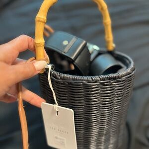 Black Woven Bucket Bag with Bamboo Handle